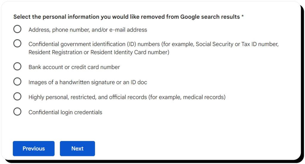Select the personal information you would like removed from Google search results, select an option and press the next button