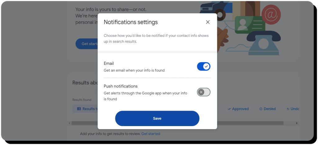 Notifications settings select email or push and click save button