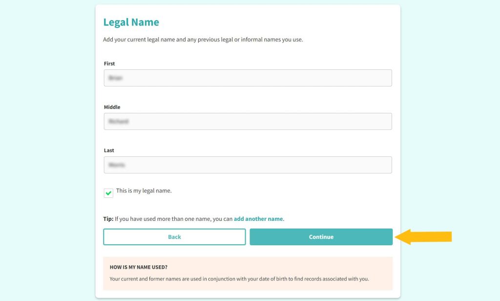 PeopleConnect suppression center: submit your full legal name and click the "continue" button for Intelius opt out