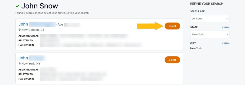 Radaris John Snow found 3 people, please select your profile and click select button
